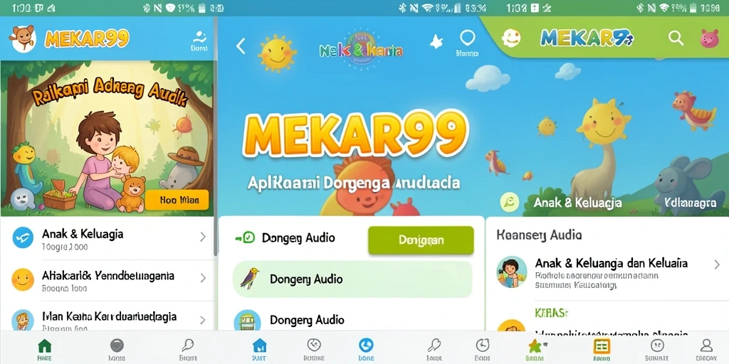 Tampilan antarmuka ramah anak MEKAR99 saat memutar dongeng audio.