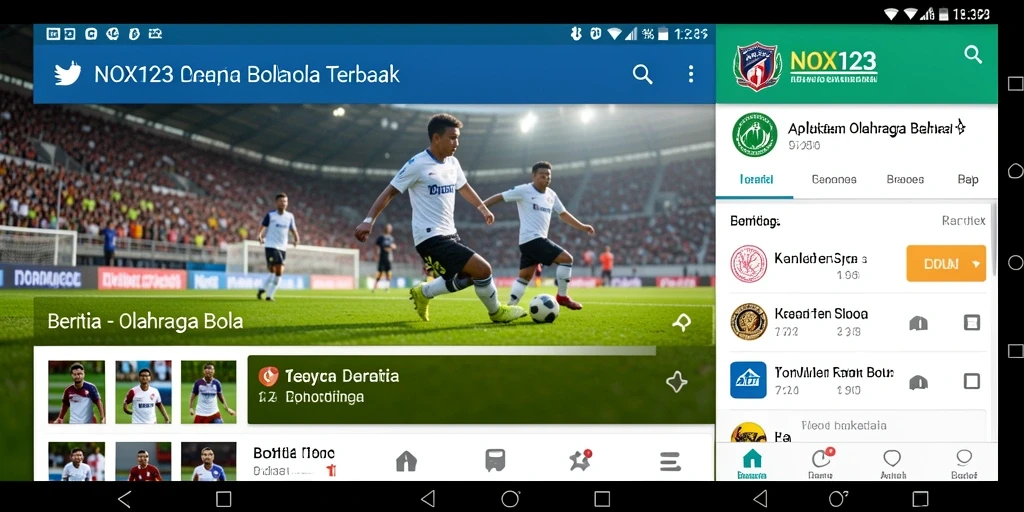 Antarmuka aplikasi NOX123 menampilkan berita olahraga bola terkini.