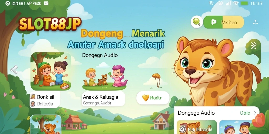 Antarmuka aplikasi SLOT88JP dengan pilihan cerita audio menarik.